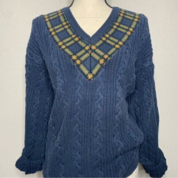 Dockers Vintage Navy Blue Cable Knit Plaid V-Neck Accent Oversized Sweater - Picture 9 of 15